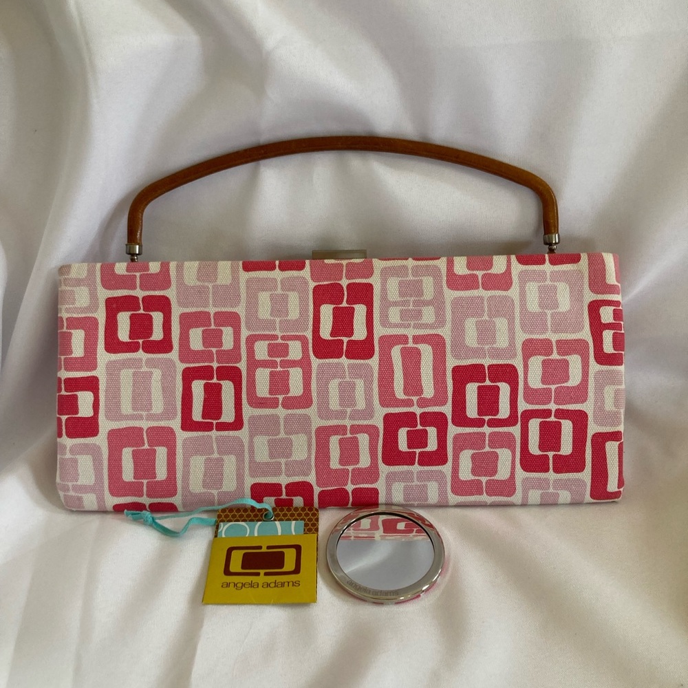 Angela Adams Punch Munjoy Missy Clutch & mirror with leather handle. Beautiful.